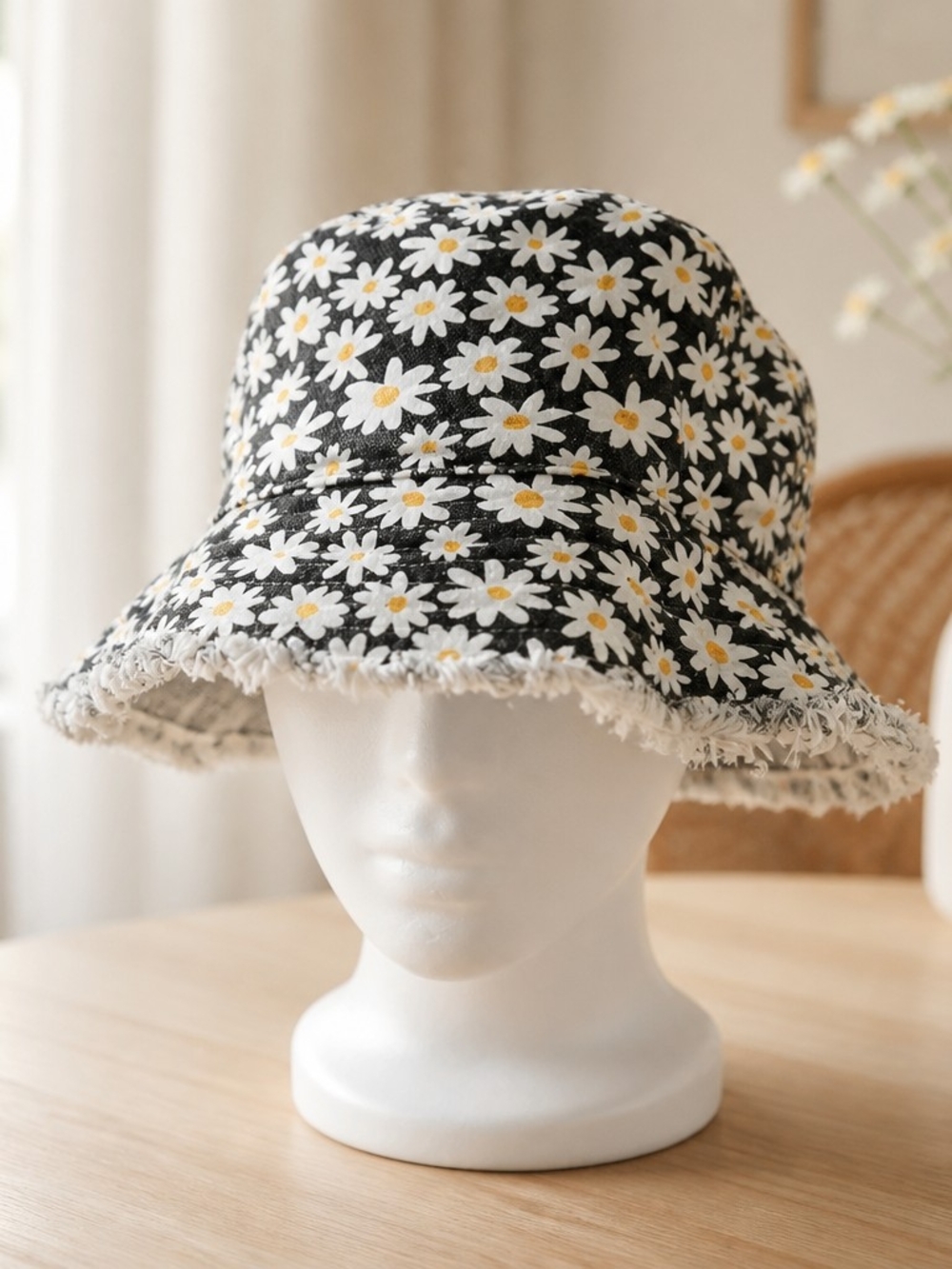 Daisy Print Frayed Bucket Hat - Black & White with Yellow Accents